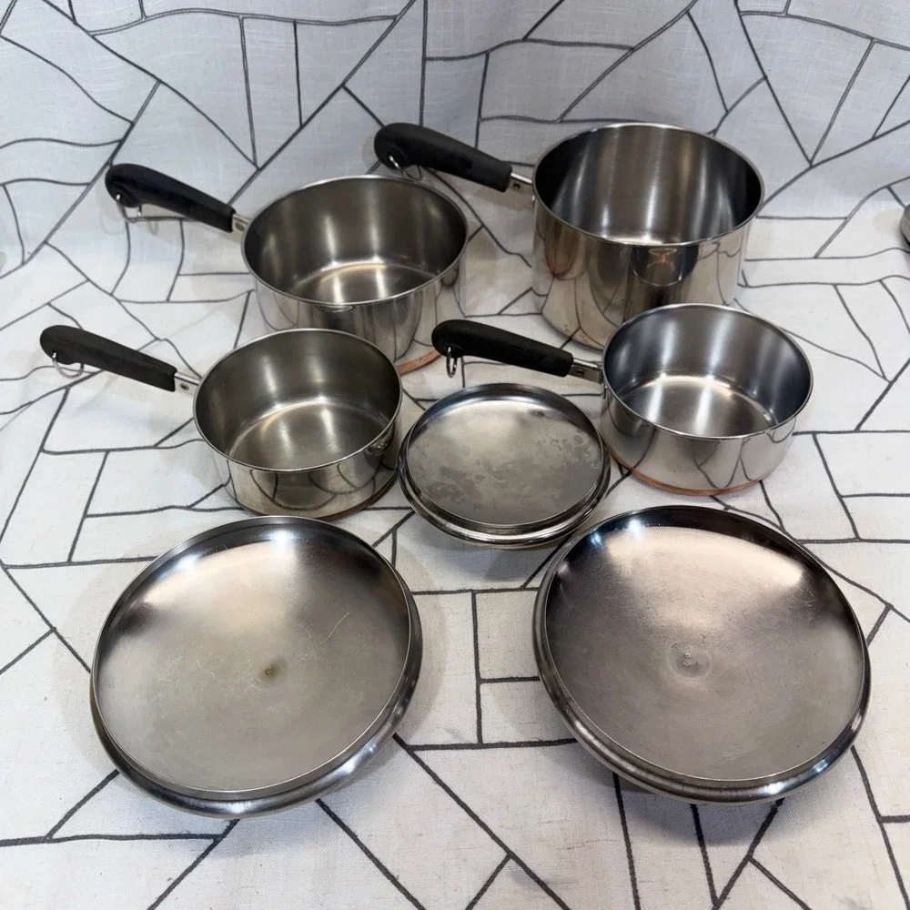 Revere Ware Saucepan Set 7 Piece Silver Copper Bottom Stainless Steel USA Made